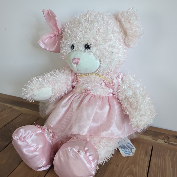 Build-A-Bear Pink Fluffy Teddy in Pink Satin Princess Dress & Shoes Bow Pearls - Picture 2 of 5